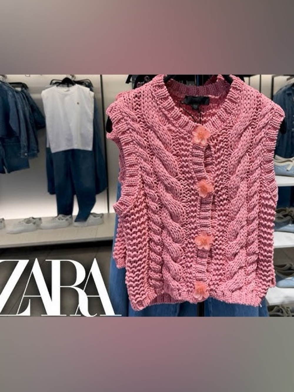 ZARA Pink Chunky Cable Knit Buttoned Vest with Flower Pom Details M $70